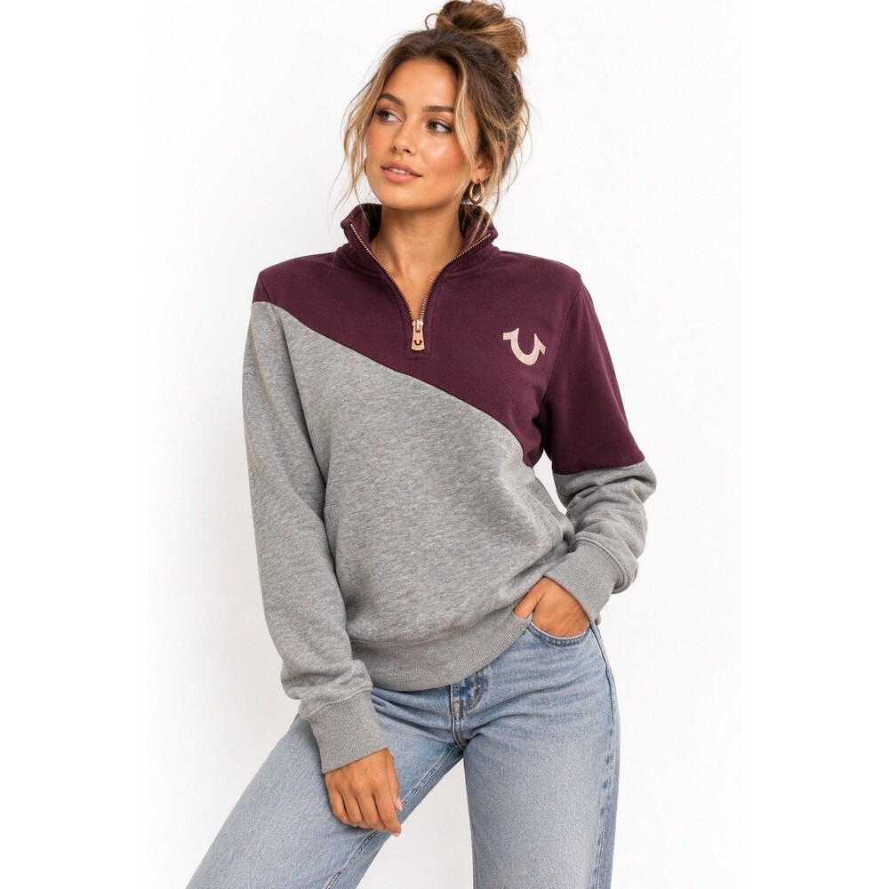True Religion Women’s M Colorblock Quarter Zip Sweatshirt Burgundy Gray Y2K